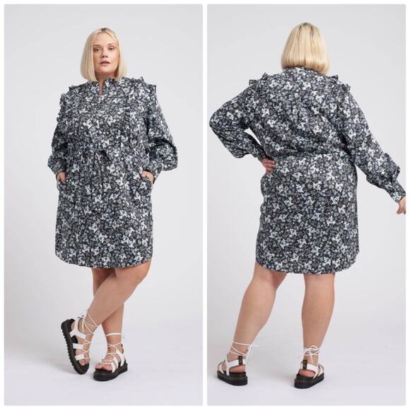 Universal Standard x Erdem The Primrose Ruffle Shirt Dress‎  Black Floral 2 / 4v - Picture 1 of 5